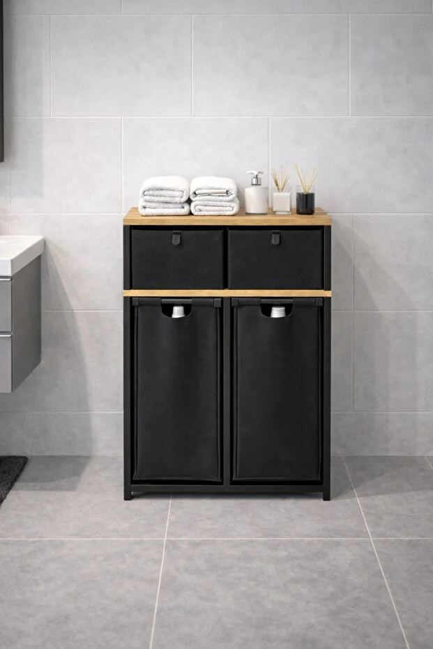 Metal Kızaklı Çamaşır Sepeti 2 Adet Saklama Kutulu